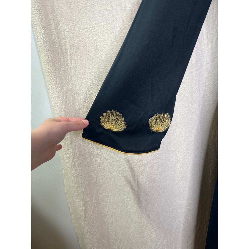1960s Handmade Black Gold Thread Oriental Peacock Bird Mod Asian Maxi Dress M - Picture 5 of 14